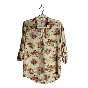 Ya Los Angeles Women's Floral 3/4 Rolled Up Sleeve Silk Top